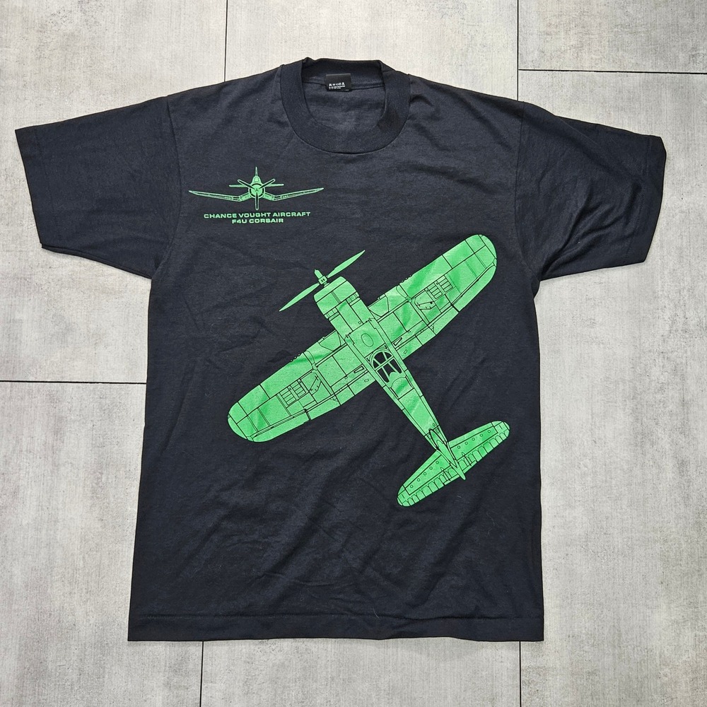 Vintage 1990 F4U Corsair Airplane T Shirt Screen Stars Best Black Green Large